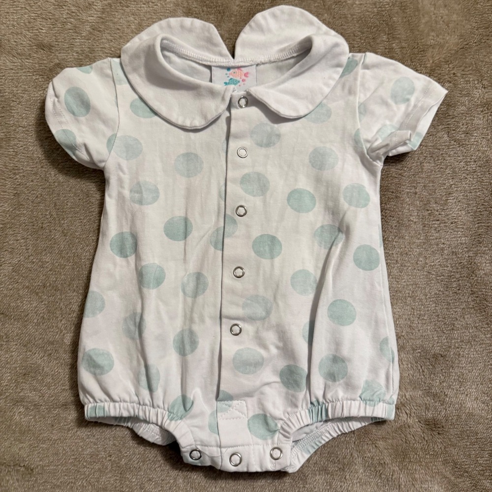 Stitchy Fish Baby Girls White Blue Polka Dot Peter Pan Collar Bubble Romper 6M